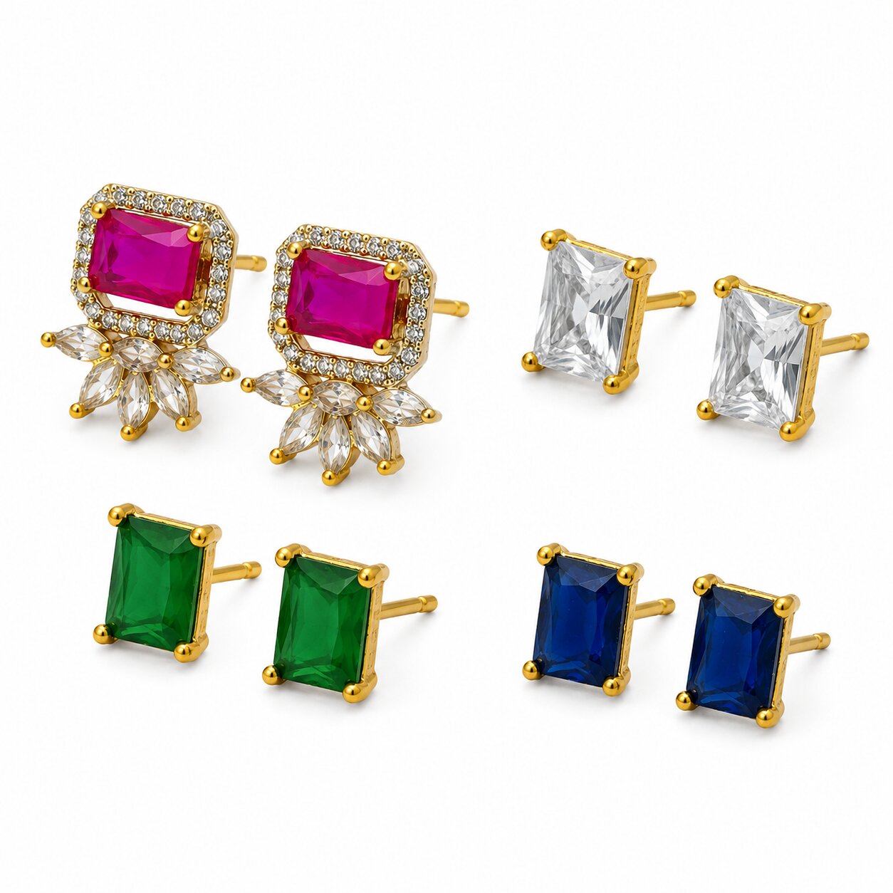 Gold Plated Changeable Stud Earrings Set with CZ Halo, Floral Pattern & Interchangeable Gemstone Tops