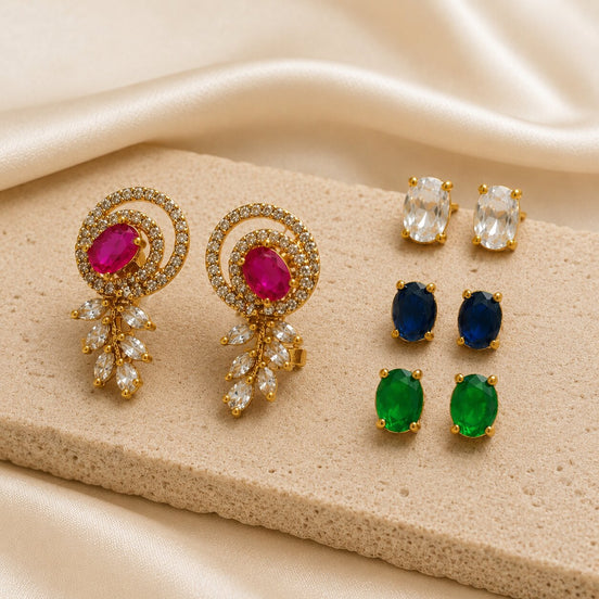 Gold Plated Changeable Stud Earrings Set with CZ Spiral Pattern & Interchangeable Oval Gemstone Tops