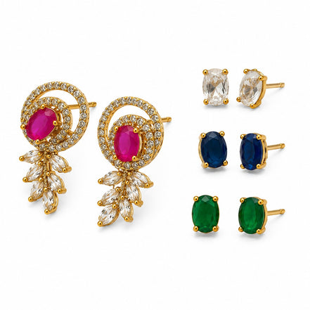 Gold Plated Changeable Stud Earrings Set with CZ Spiral Pattern & Interchangeable Oval Gemstone Tops