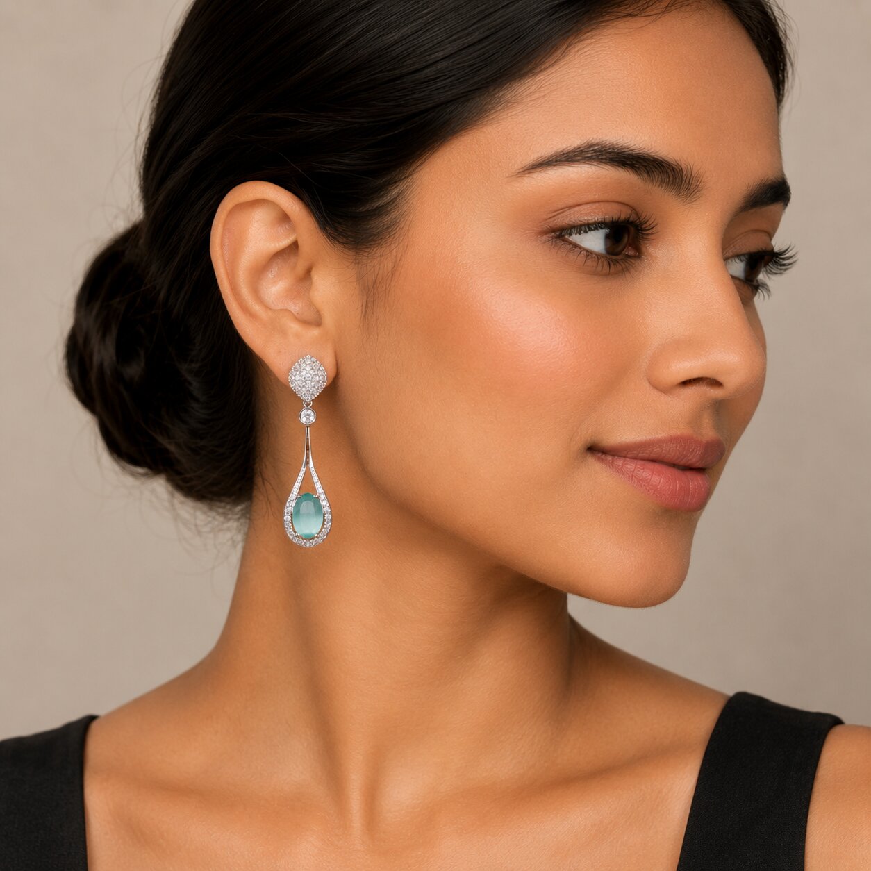 Rhodium Plated American Diamond Teardrop Dangle Earrings