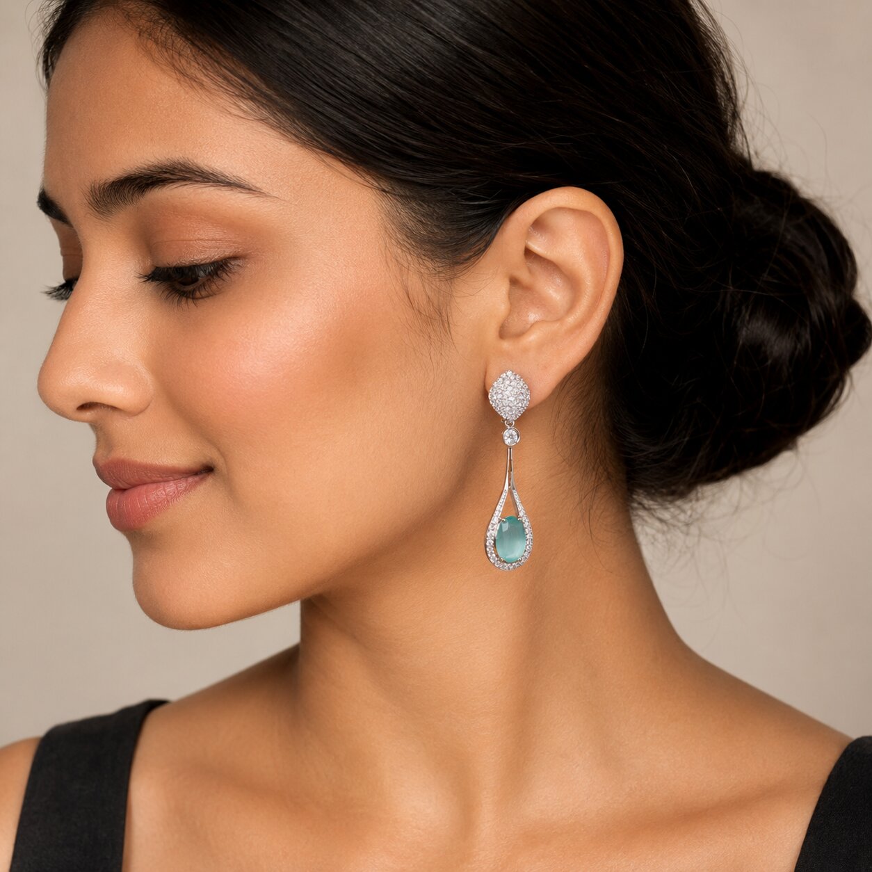 Rhodium Plated American Diamond Teardrop Dangle Earrings