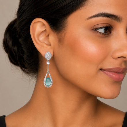 Rhodium Plated American Diamond Teardrop Dangle Earrings