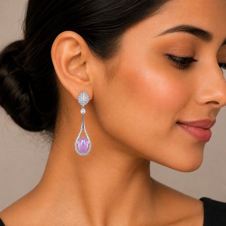 Rhodium Plated American Diamond Teardrop Dangle Earrings