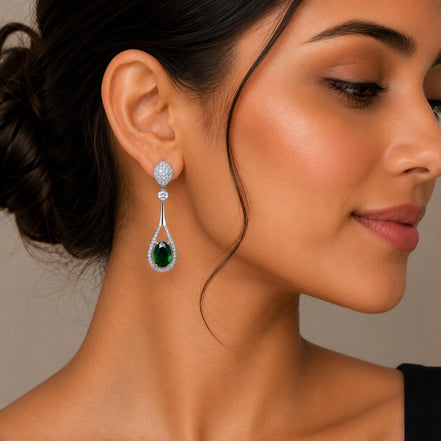 Rhodium Plated American Diamond Teardrop Dangle Earrings