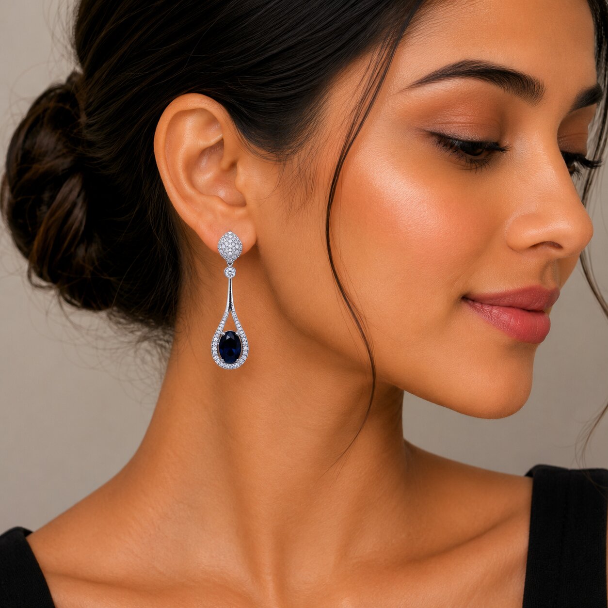 Rhodium Plated American Diamond Teardrop Dangle Earrings