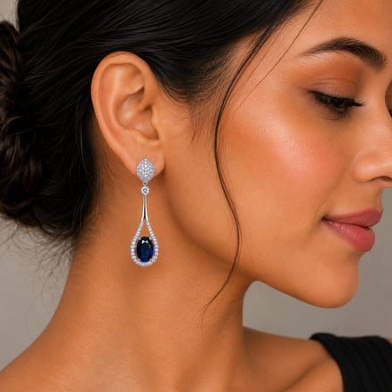 Rhodium Plated American Diamond Teardrop Dangle Earrings