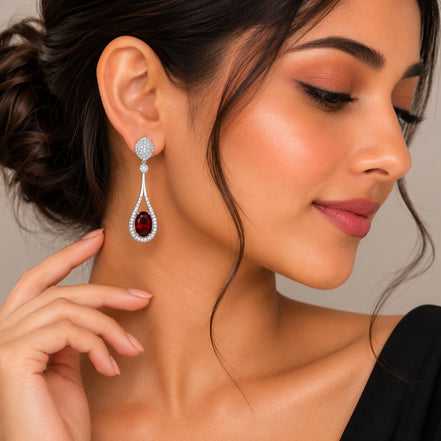 Rhodium Plated American Diamond Teardrop Dangle Earrings