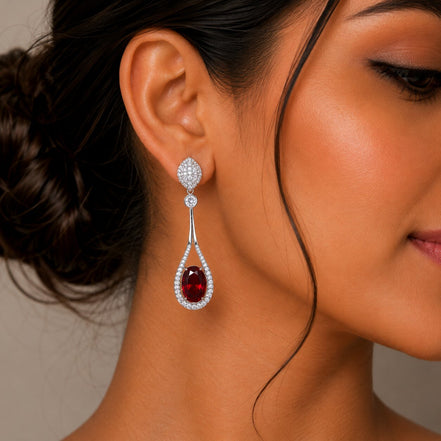 Rhodium Plated American Diamond Teardrop Dangle Earrings