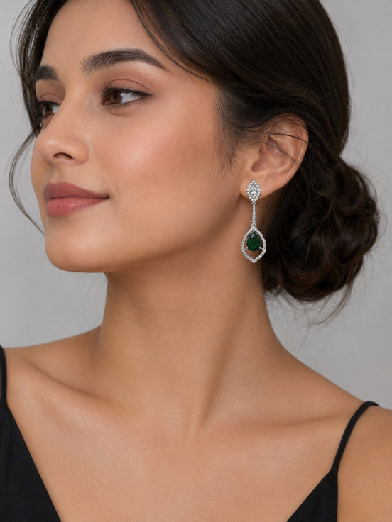 Rhodium Plated American Diamond Teardrop Dangle Earrings with Pear Cut Stone