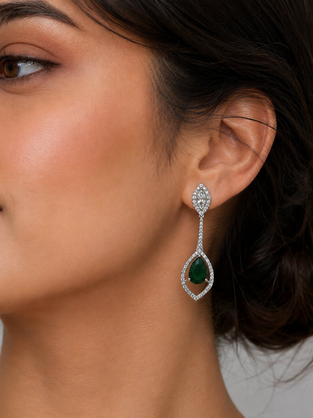 Rhodium Plated American Diamond Teardrop Dangle Earrings with Pear Cut Stone