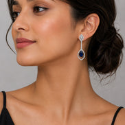 Rhodium Plated American Diamond Teardrop Dangle Earrings with Pear Cut Stone