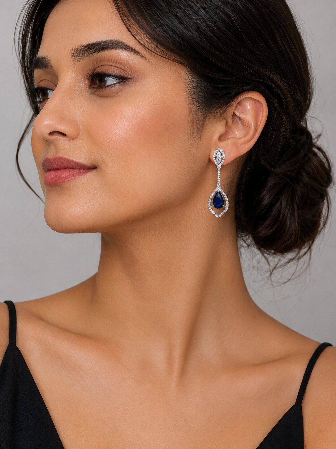 Rhodium Plated American Diamond Teardrop Dangle Earrings with Pear Cut Stone