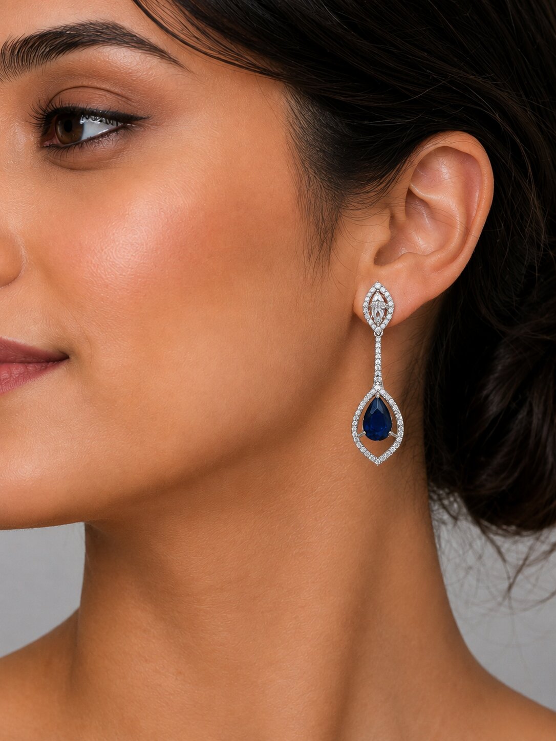 Rhodium Plated American Diamond Teardrop Dangle Earrings with Pear Cut Stone