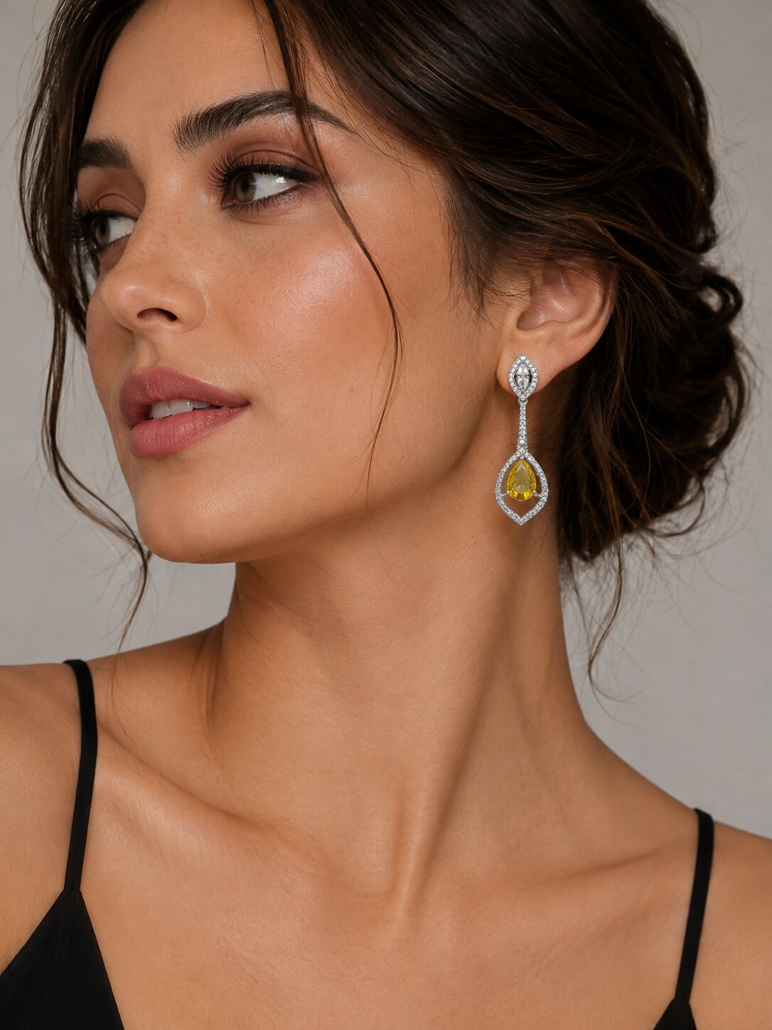 Rhodium Plated American Diamond Teardrop Dangle Earrings with Pear Cut Stone