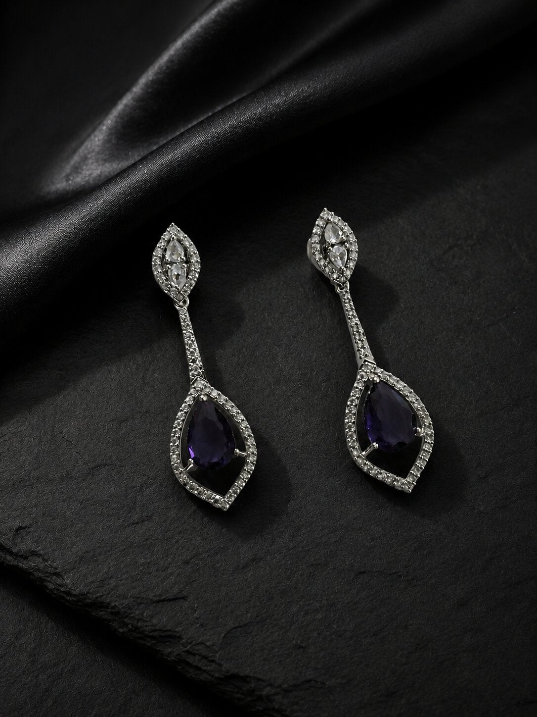 Rhodium Plated American Diamond Teardrop Dangle Earrings with Pear Cut Stone