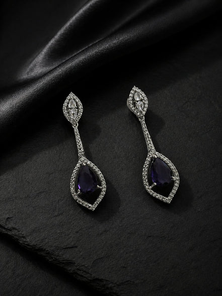 Rhodium Plated American Diamond Teardrop Dangle Earrings with Pear Cut Stone