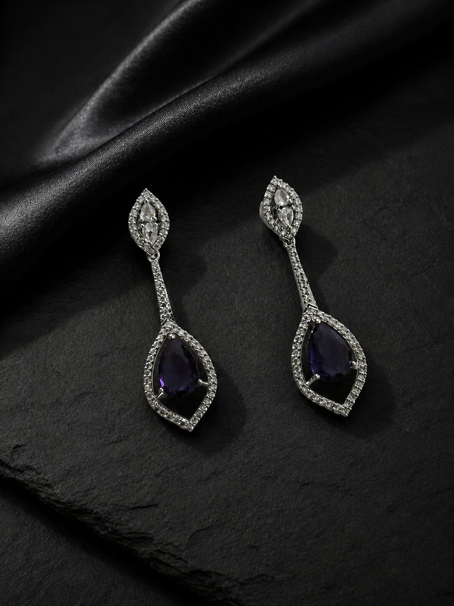 Rhodium Plated American Diamond Teardrop Dangle Earrings with Pear Cut Stone