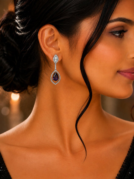 Rhodium Plated American Diamond Teardrop Dangle Earrings with Pear Cut Stone