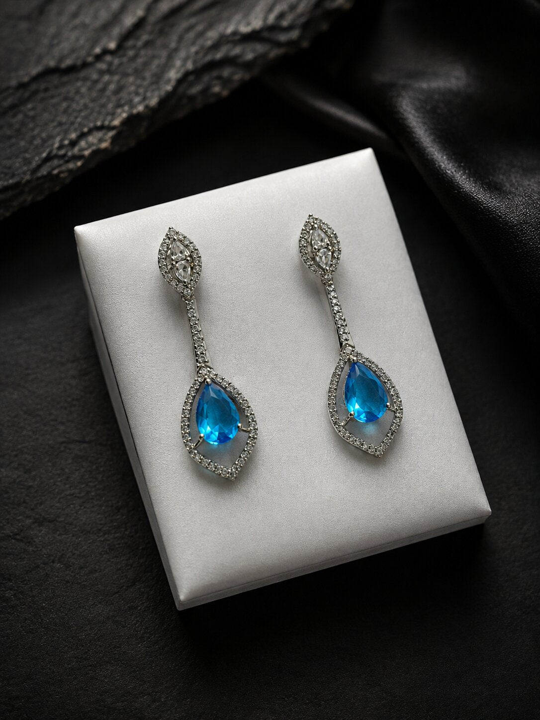Rhodium Plated American Diamond Teardrop Dangle Earrings with Pear Cut Stone