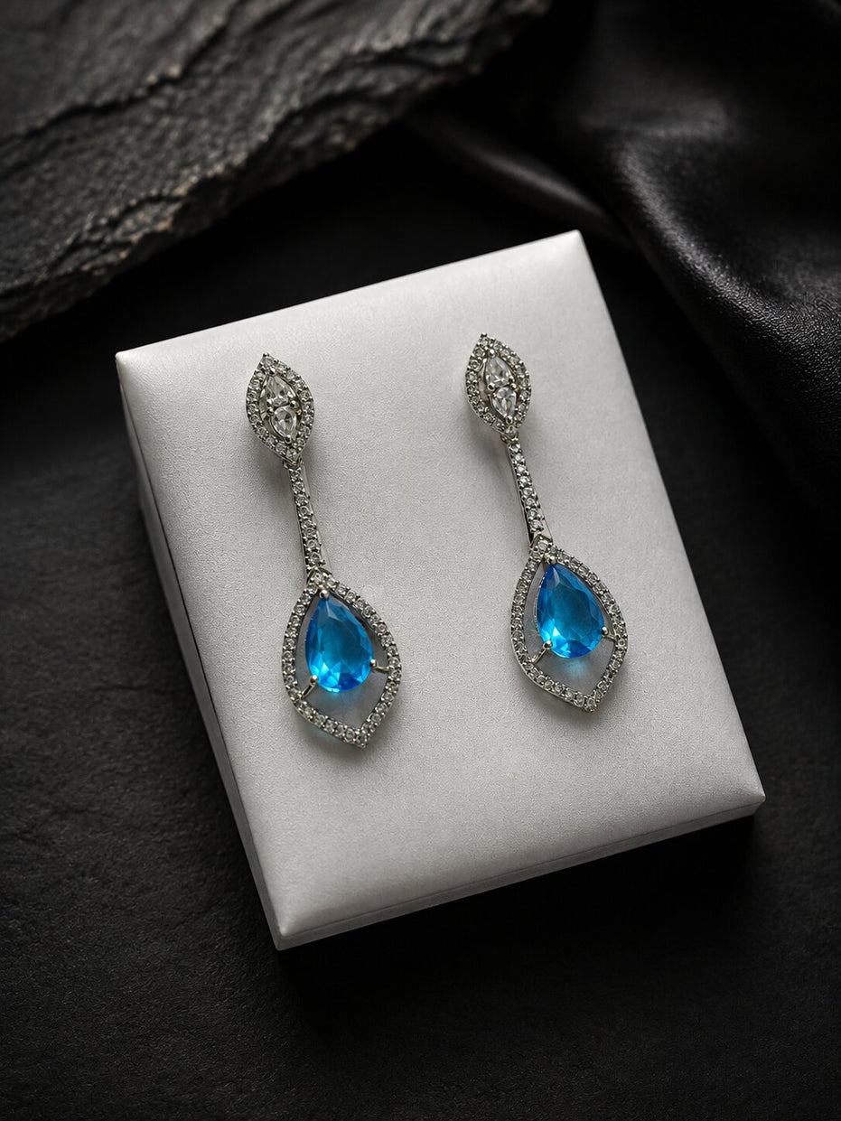 Rhodium Plated American Diamond Teardrop Dangle Earrings with Pear Cut Stone