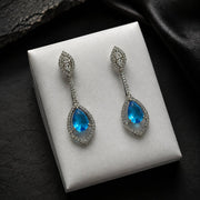 Rhodium Plated American Diamond Teardrop Dangle Earrings with Pear Cut Stone
