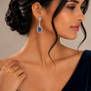 Rhodium Plated American Diamond Teardrop Dangle Earrings with Pear Cut Stone