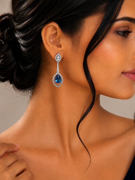 Rhodium Plated American Diamond Teardrop Dangle Earrings with Pear Cut Stone
