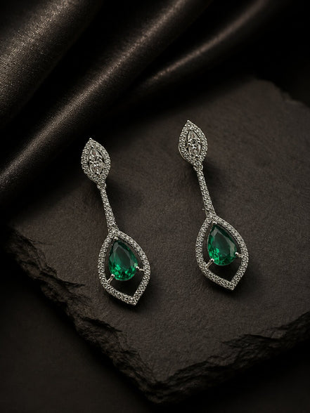 Rhodium Plated American Diamond Teardrop Dangle Earrings with Pear Cut Stone