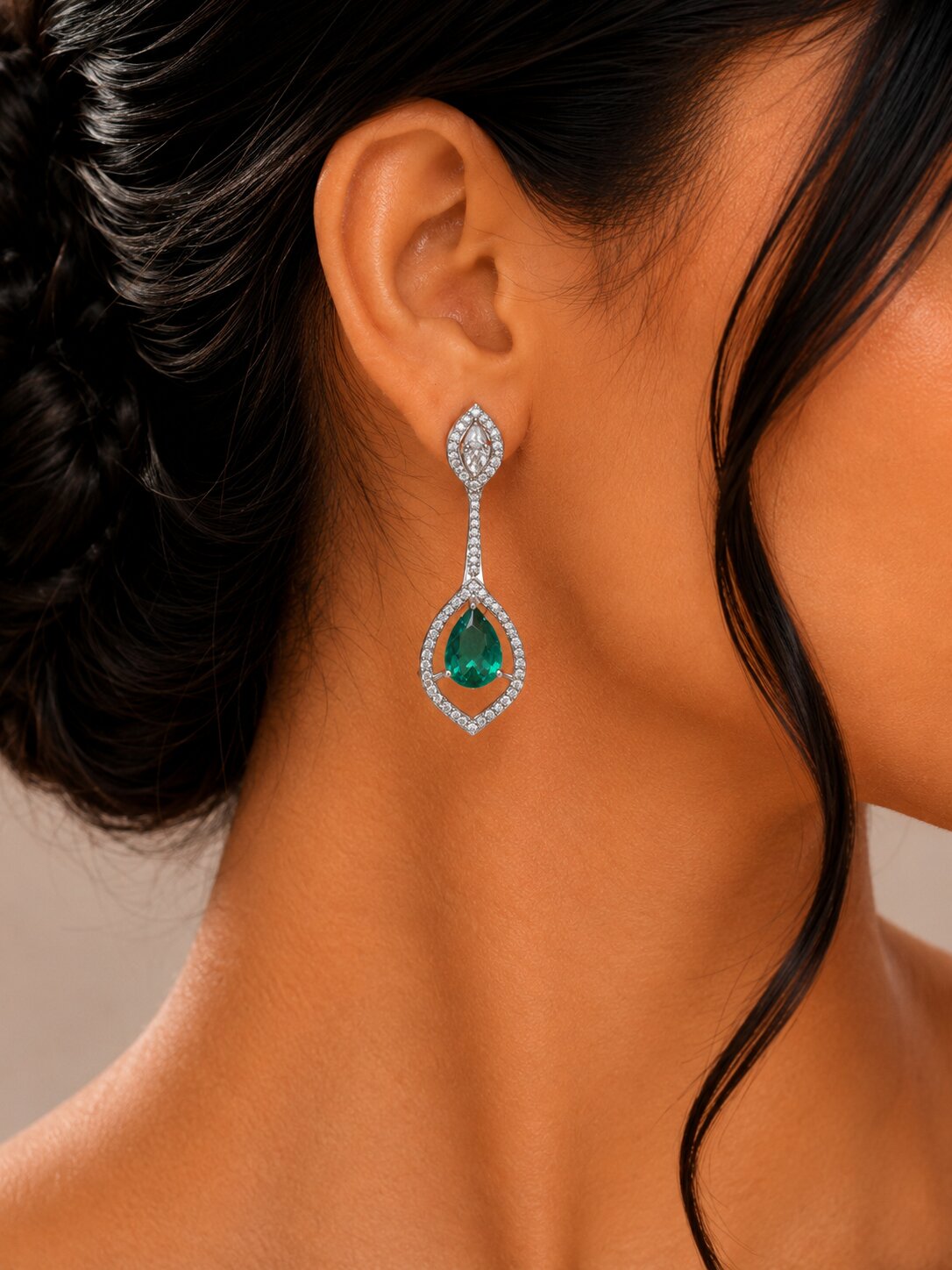 Rhodium Plated American Diamond Teardrop Dangle Earrings with Pear Cut Stone