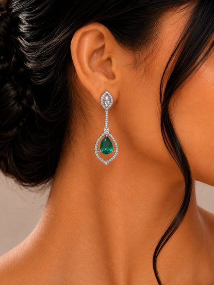 Rhodium Plated American Diamond Teardrop Dangle Earrings with Pear Cut Stone