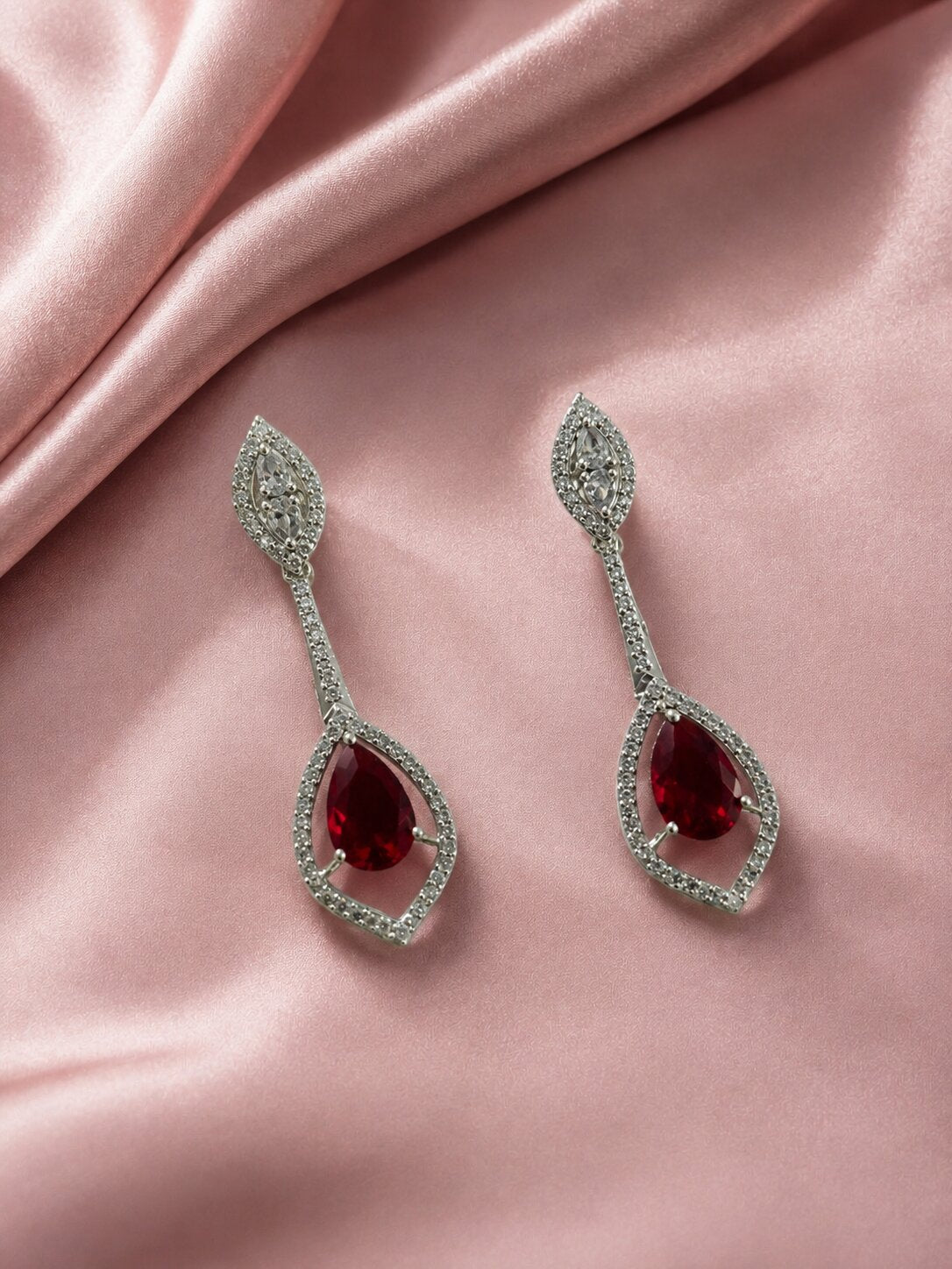 Rhodium Plated American Diamond Teardrop Dangle Earrings with Pear Cut Stone
