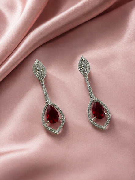 Rhodium Plated American Diamond Teardrop Dangle Earrings with Pear Cut Stone