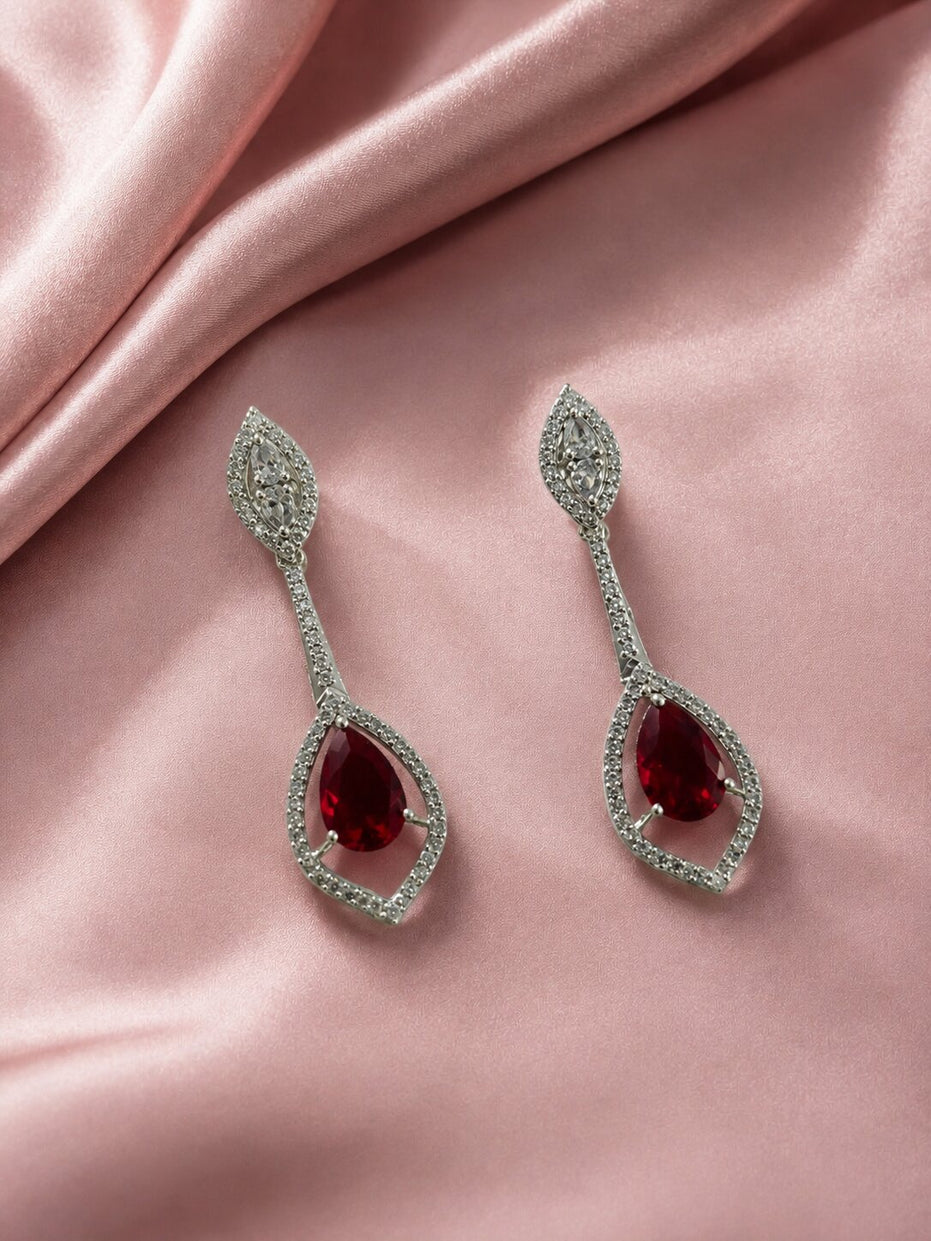 Rhodium Plated American Diamond Teardrop Dangle Earrings with Pear Cut Stone