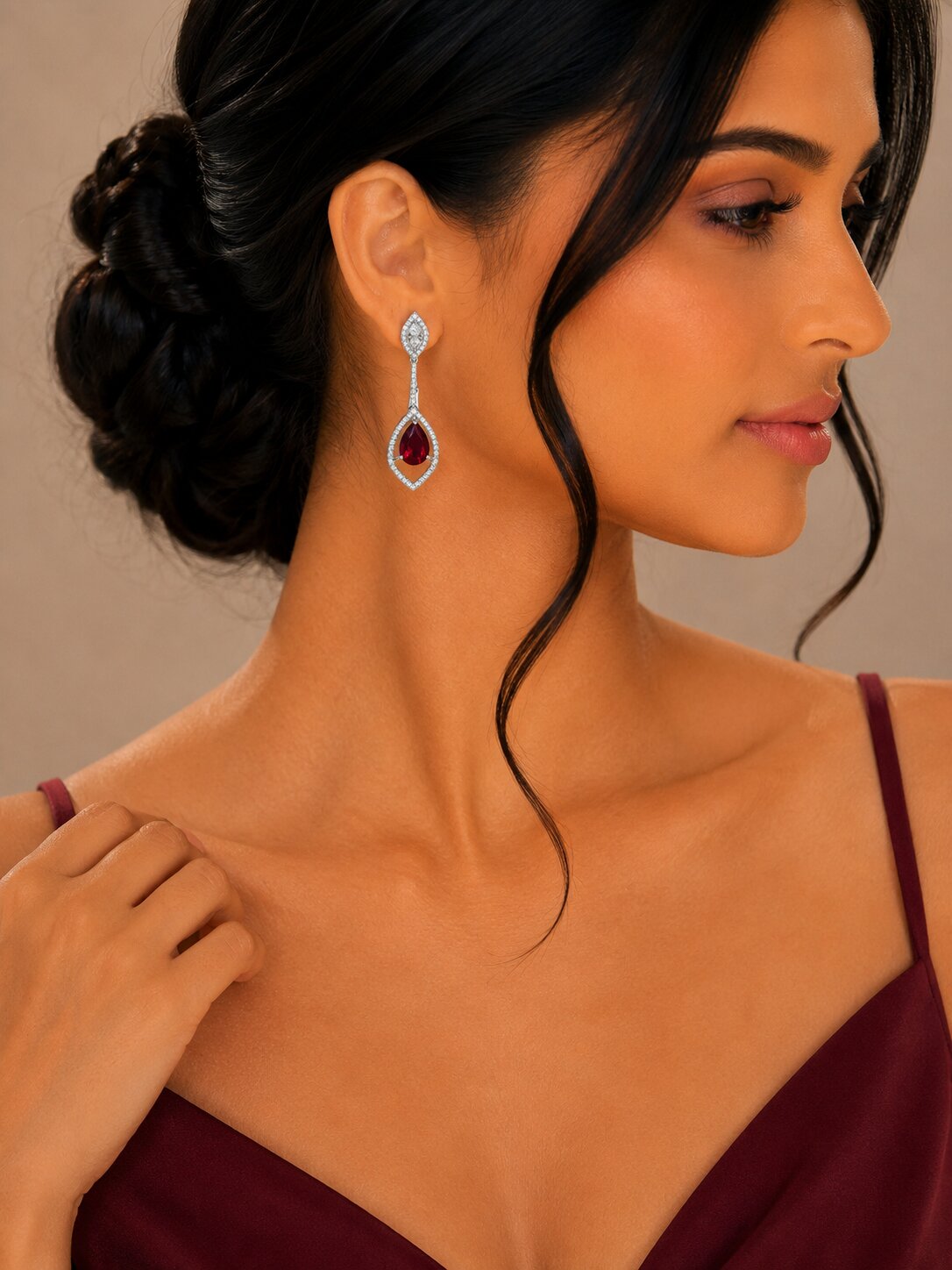 Rhodium Plated American Diamond Teardrop Dangle Earrings with Pear Cut Stone