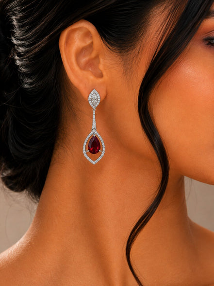 Rhodium Plated American Diamond Teardrop Dangle Earrings with Pear Cut Stone
