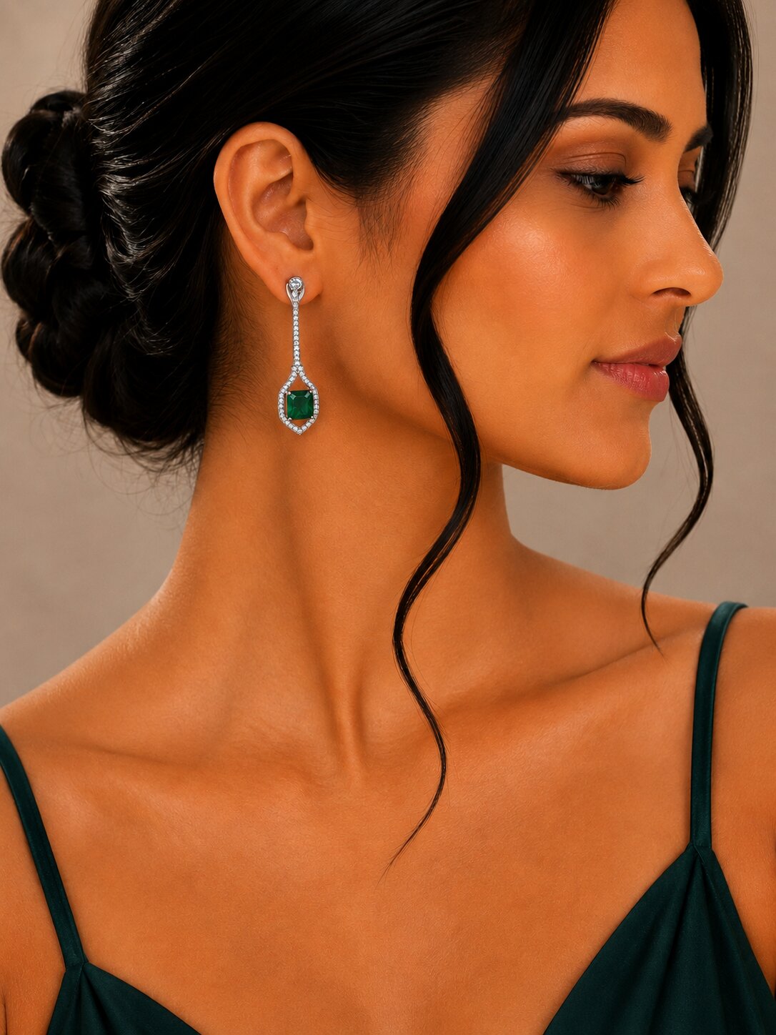 Rhodium Plated American Diamond Geometric Open Frame Drop Earrings