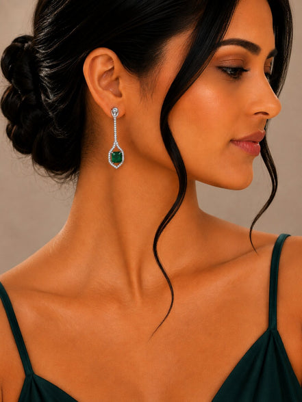 Rhodium Plated American Diamond Geometric Open Frame Drop Earrings