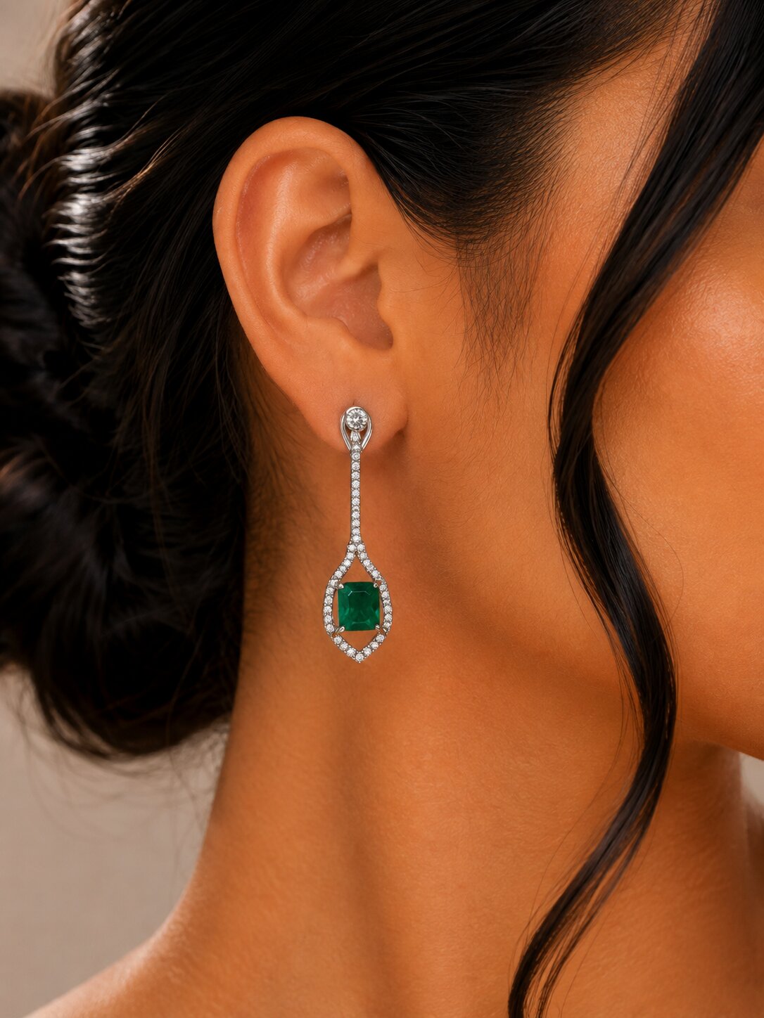Rhodium Plated American Diamond Geometric Open Frame Drop Earrings