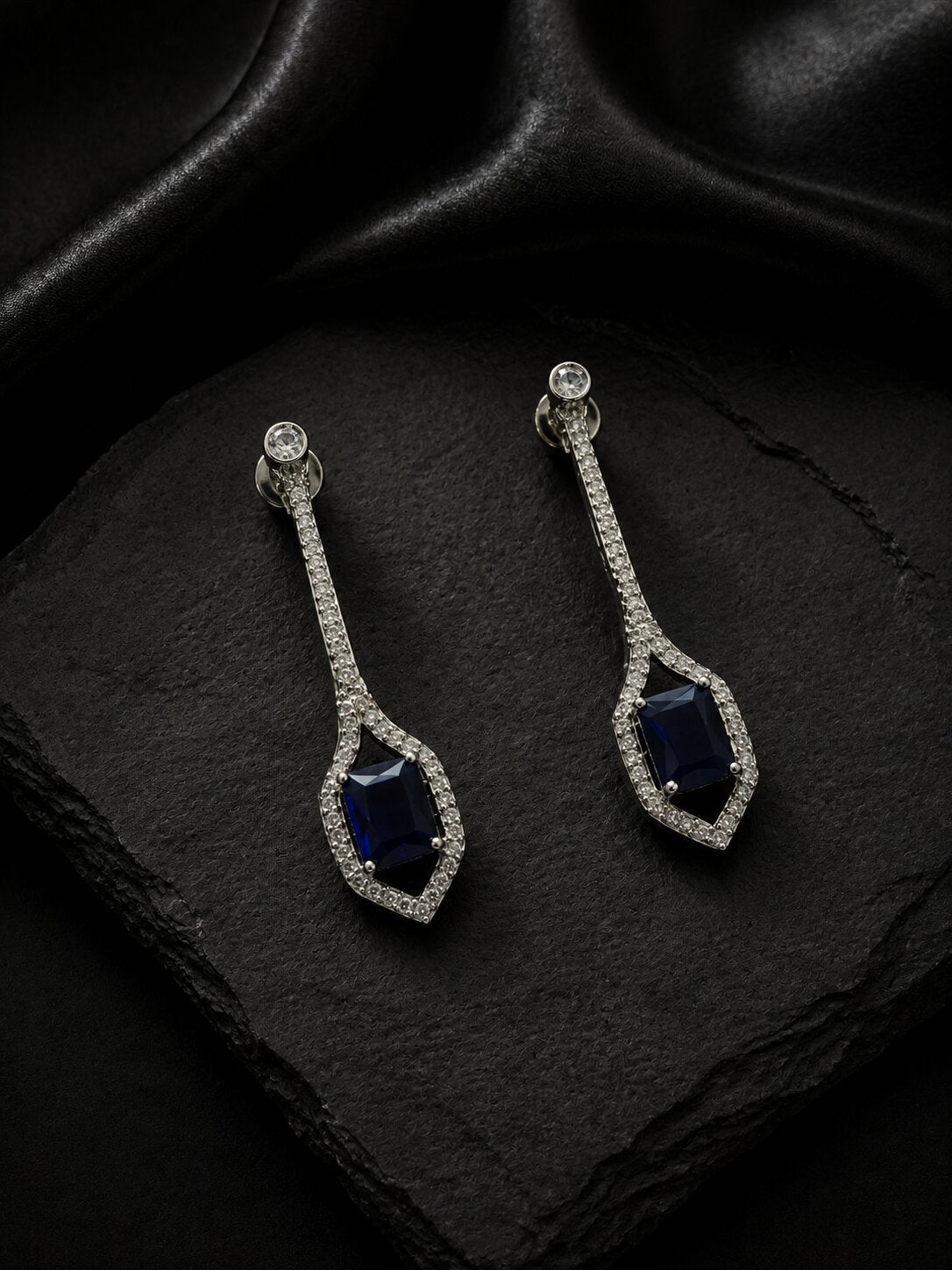 Rhodium Plated American Diamond Geometric Open Frame Drop Earrings