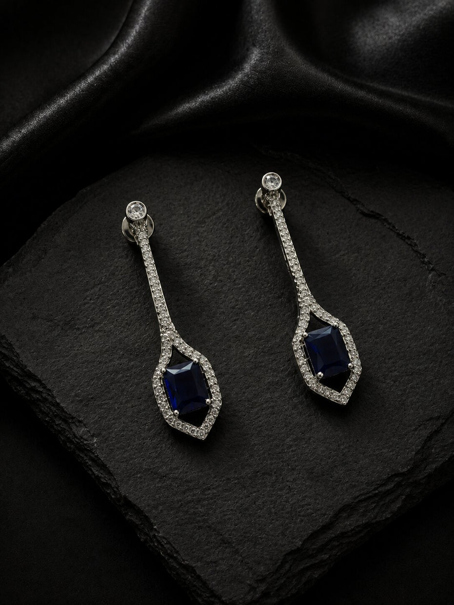 Rhodium Plated American Diamond Geometric Open Frame Drop Earrings
