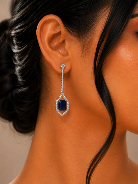 Rhodium Plated American Diamond Geometric Open Frame Drop Earrings