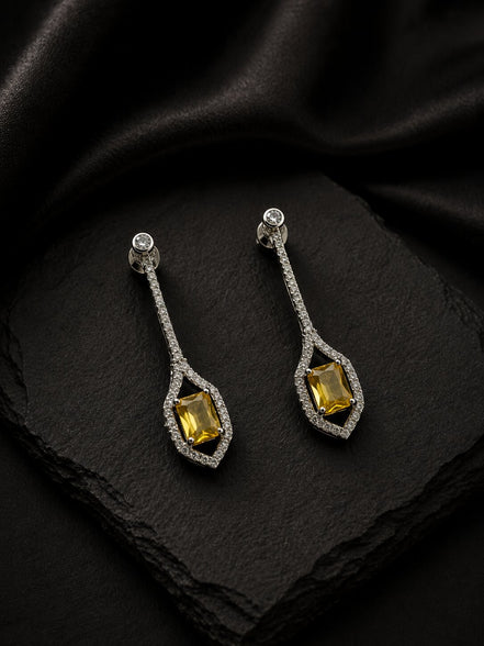 Rhodium Plated American Diamond Geometric Open Frame Drop Earrings