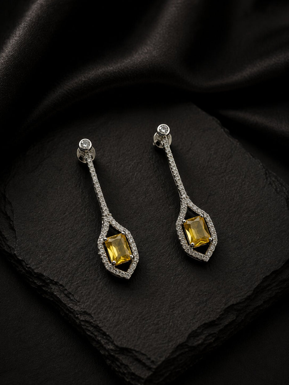 Rhodium Plated American Diamond Geometric Open Frame Drop Earrings