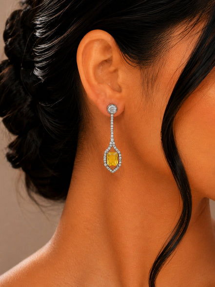 Rhodium Plated American Diamond Geometric Open Frame Drop Earrings
