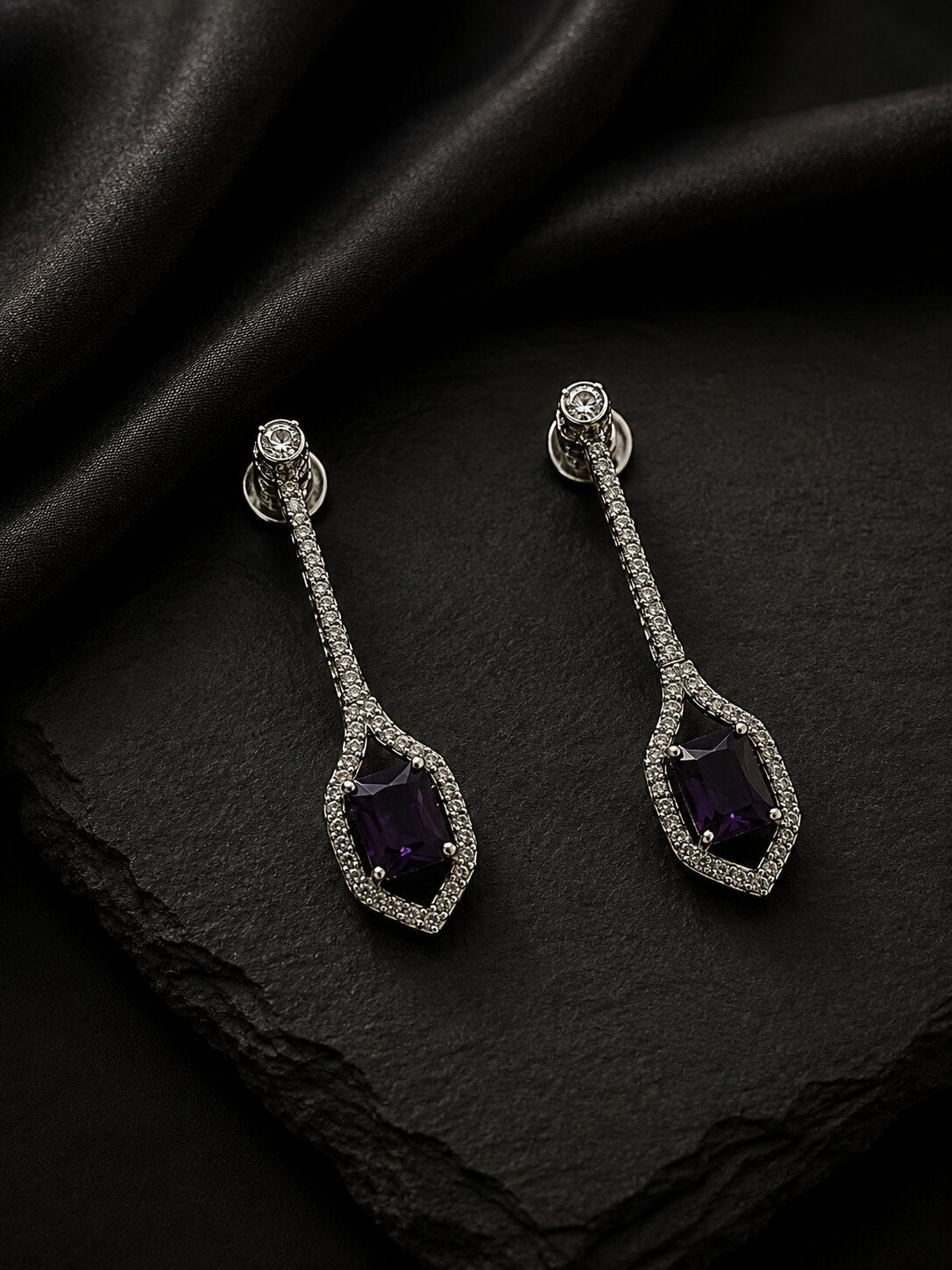 Rhodium Plated American Diamond Geometric Open Frame Drop Earrings