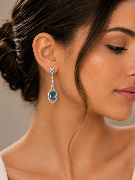 Rhodium Plated American Diamond Geometric Open Frame Drop Earrings