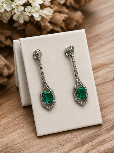 Rhodium Plated American Diamond Geometric Open Frame Drop Earrings