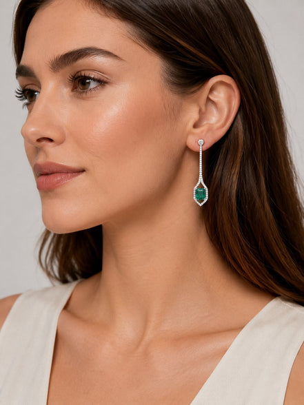 Rhodium Plated American Diamond Geometric Open Frame Drop Earrings