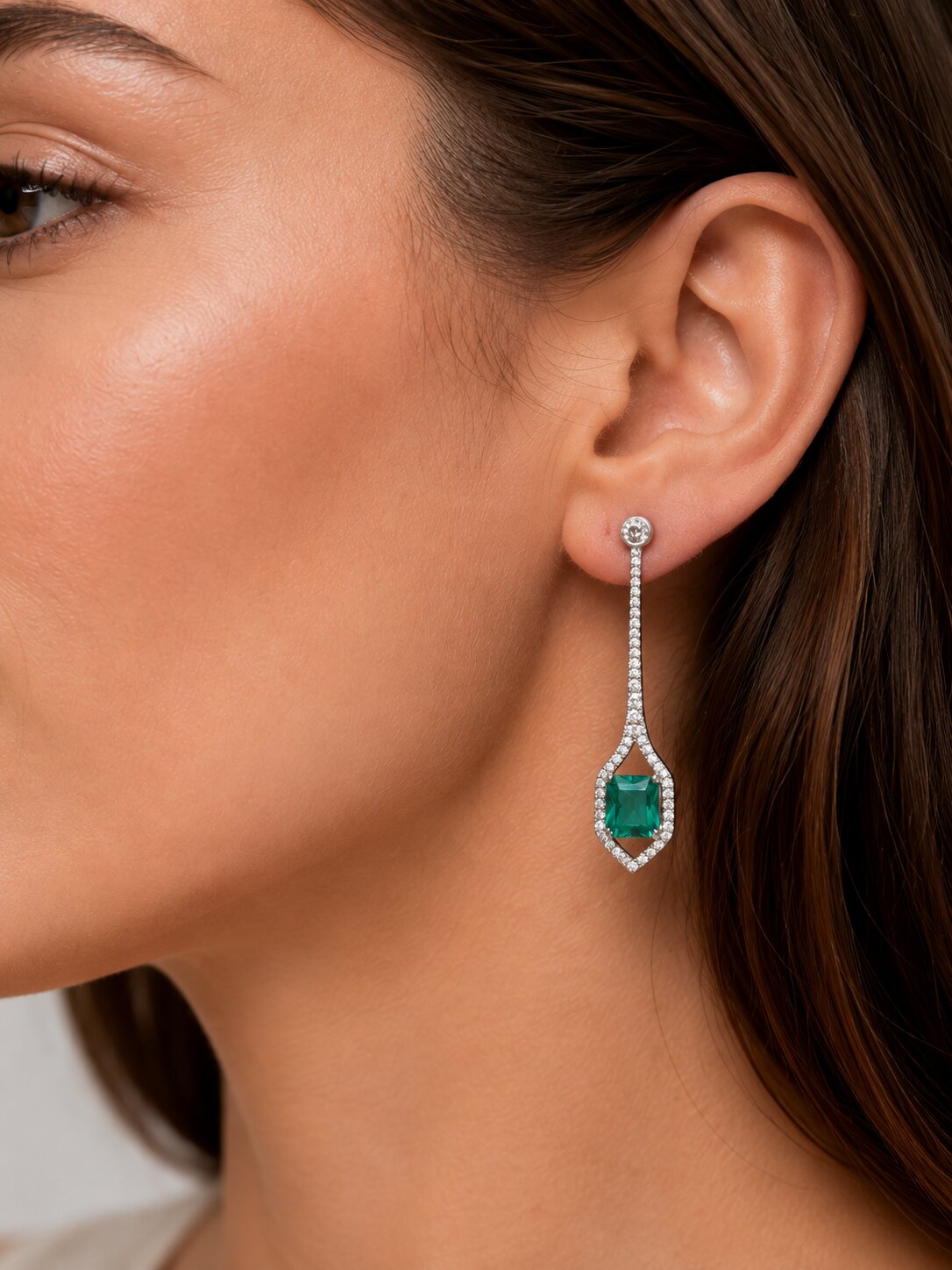 Rhodium Plated American Diamond Geometric Open Frame Drop Earrings