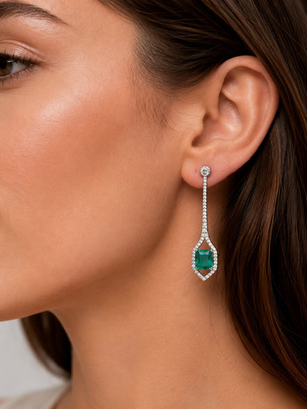 Rhodium Plated American Diamond Geometric Open Frame Drop Earrings